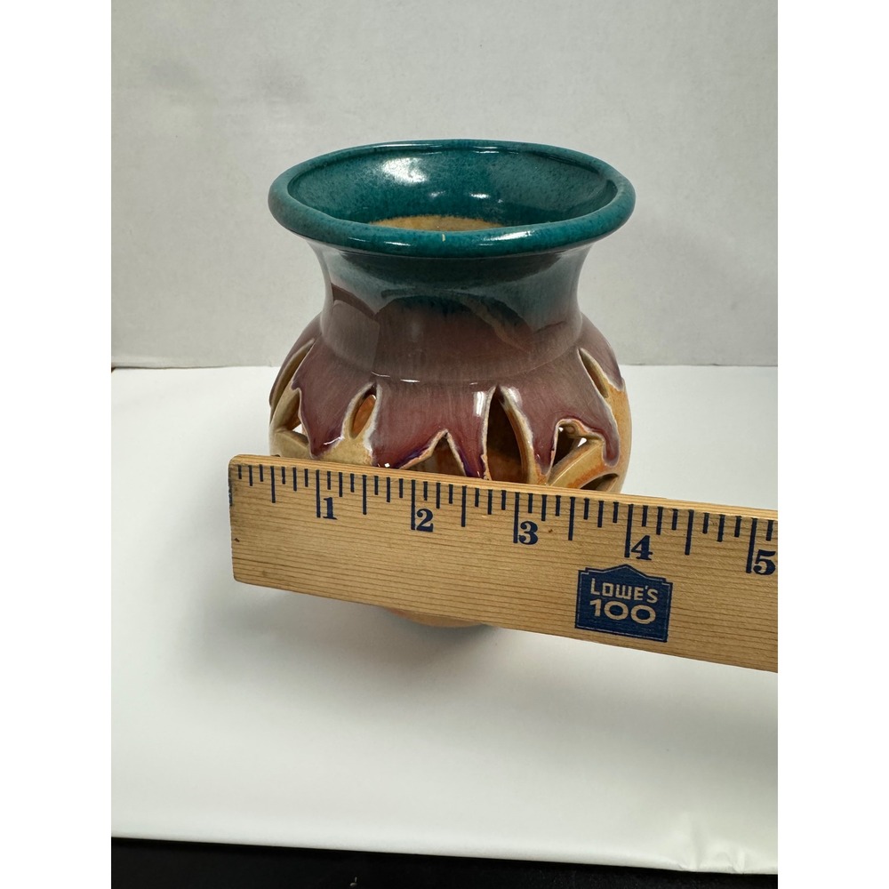 Vintage 1993 RAD Studio Pottery Drip Glaze Cutout Vase Teal Burgundy Orange 5" - Picture 5 of 7